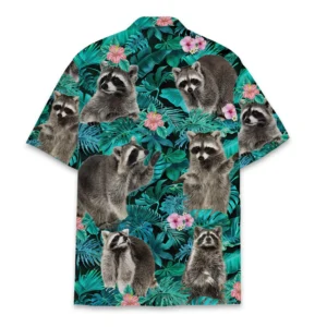 Adorable Raccoon Hibiscus Flower Dark Night Hawaiian Shirt