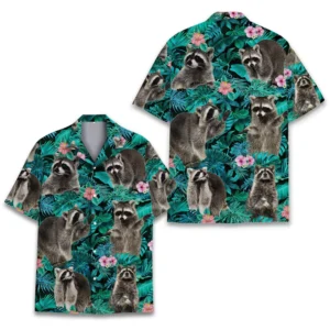 Adorable Raccoon Hibiscus Flower Dark Night Hawaiian Shirt