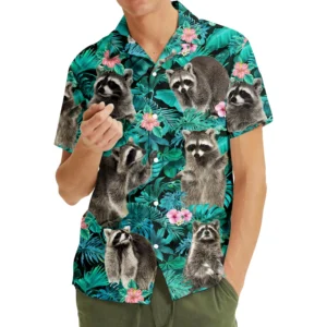Adorable Raccoon Hibiscus Flower Dark Night Hawaiian Shirt