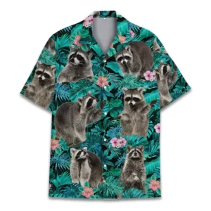 Adorable Raccoon Hibiscus Flower Dark Night Hawaiian Shirt