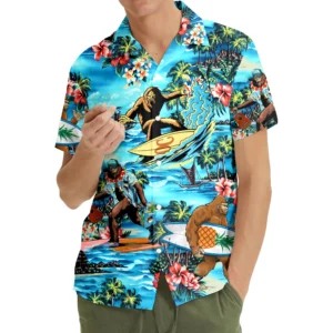 Bigfoot Surfing Tropical Beach Hawaiian Shirt