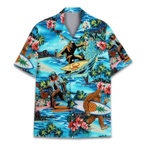 Bigfoot Surfing Tropical Beach Hawaiian Shirt