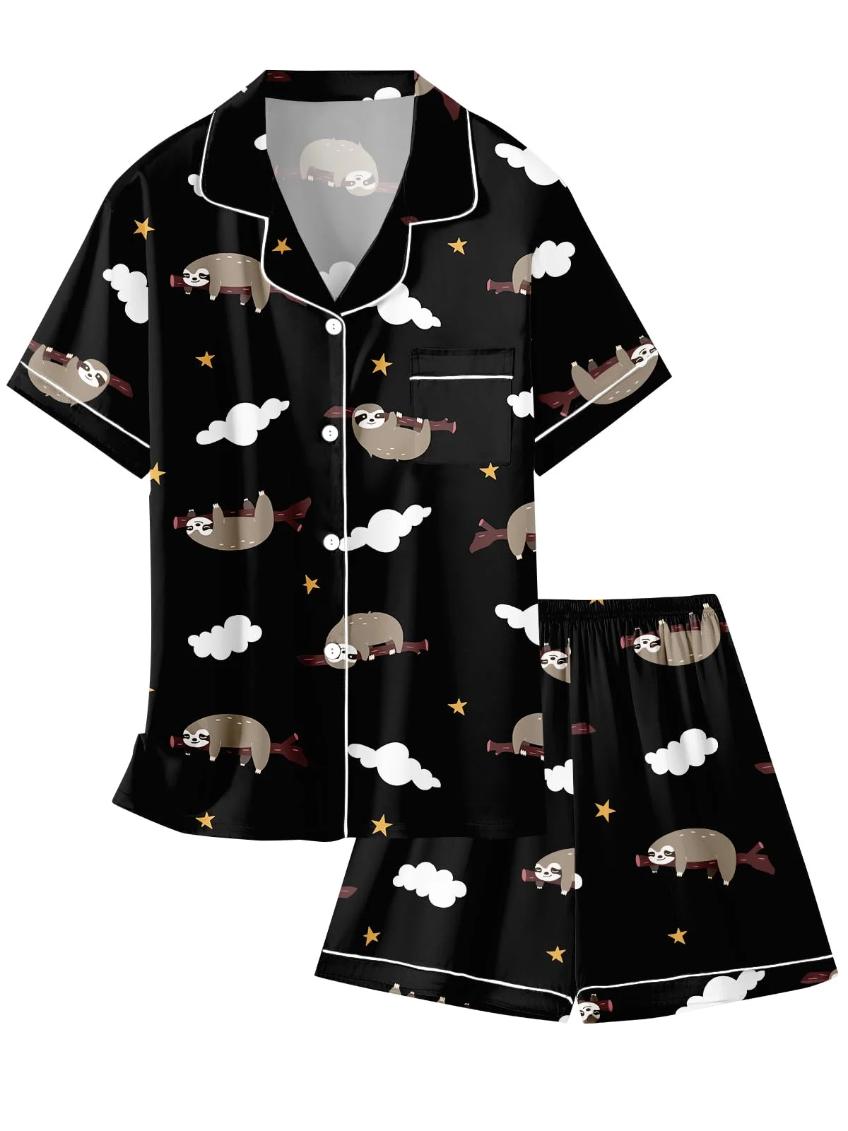 Black Sloth Cloud Star Print Short Sleeve Pajamas Set