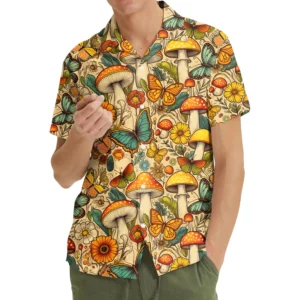 Cottagecore Fungi Butterfly Meadow Print Hawaiian Shirt