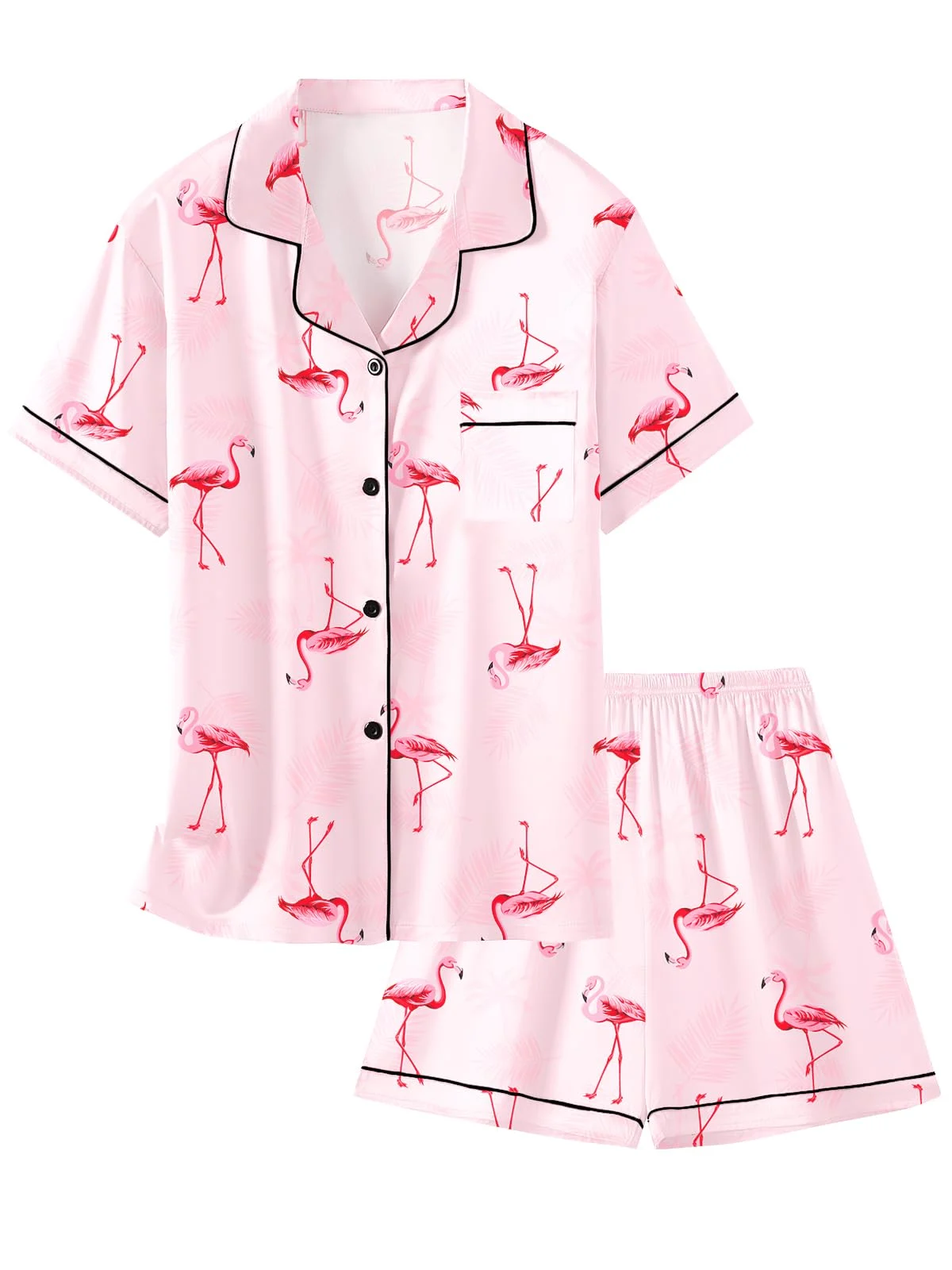 Cute Flamingo Bird Print Short Sleeve Lounge Satin Pajamas Set