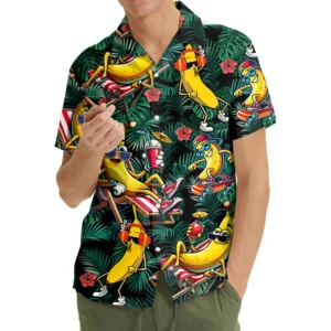 Funny Banana Character Dark Leafy Hawaiian Shirt