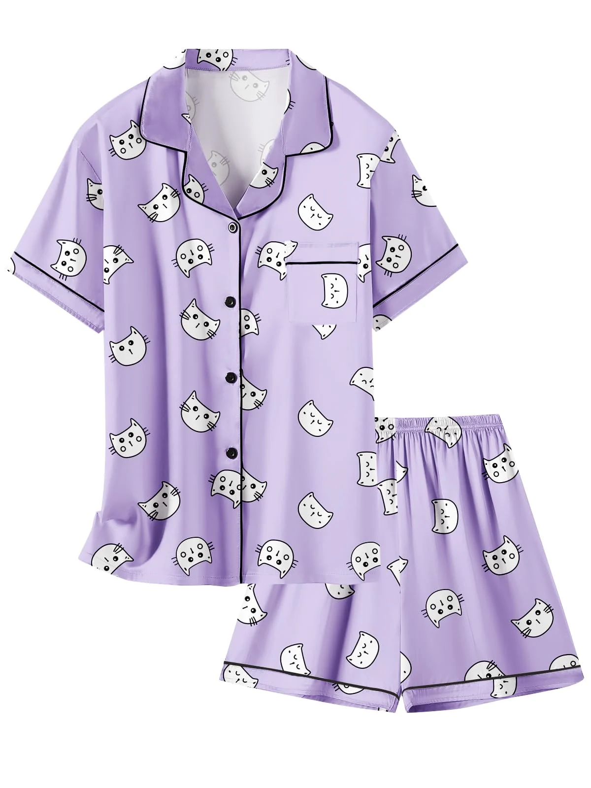 Funny Cat Face Pattern Short Sleeve Nightwear Sleepwear Pajamas Set