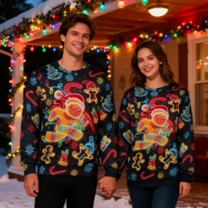 Gingerbread Neon Candy Cane Glow Ugly Sweatshirt