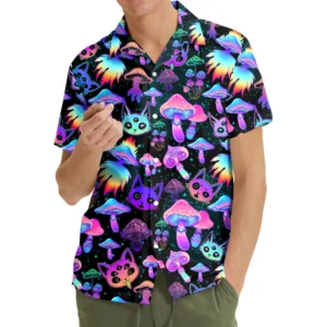Mystical Galaxy Mushroom Cat Pattern Hawaiian Shirt