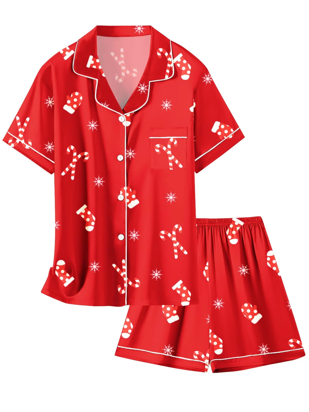 Sweet Cane Mitten Print Short Sleeve Winter Nightwear Pajamas Set